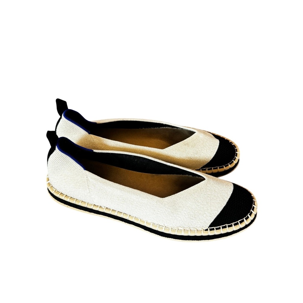 Rothys The Espadrille Boardwalk Flats Cream Black Cap Toe Knit Shoes SZ 11